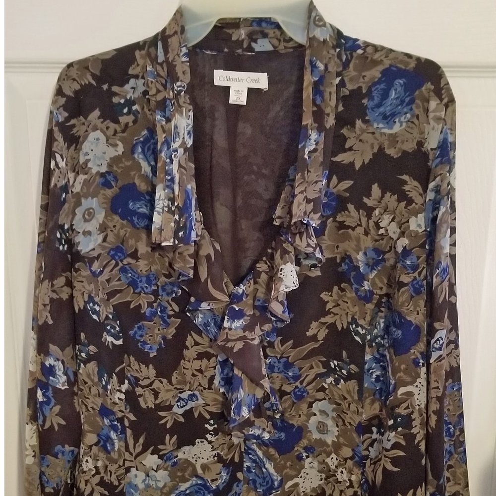 V neck Brown and Blue Flower Print Blouse